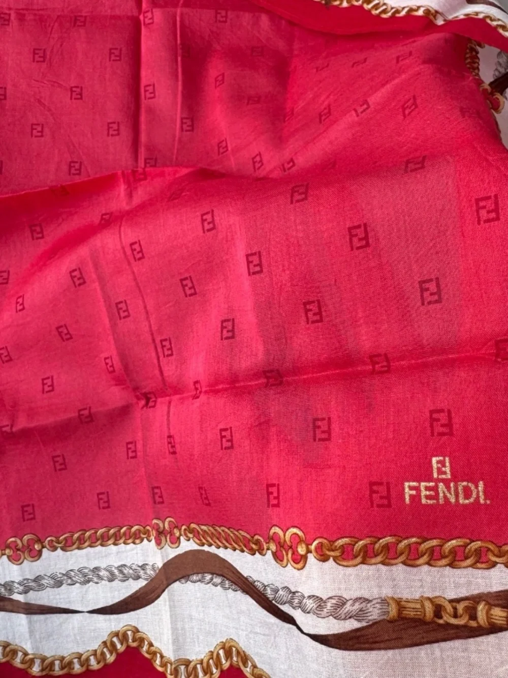Vintage Fendi Scarf Handkerchief Neckerchief Pocket Square Chain Bow Red 17x17